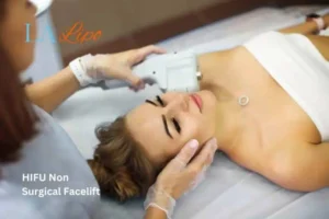Woman having Hi-Fu to reduce wrinkles Lower Feltham.