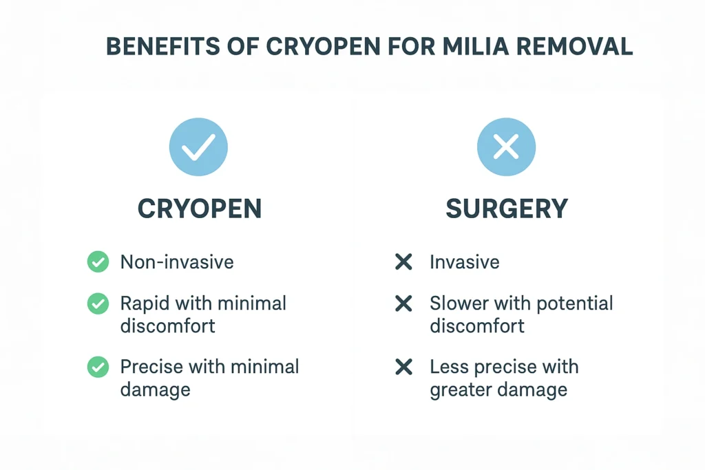 Benefits of cryopen for milia removal Lower Feltham compared to surgical treatments.