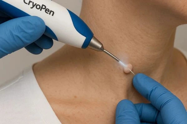 Person receiving cryotherapy Lower Feltham for skin tag removal