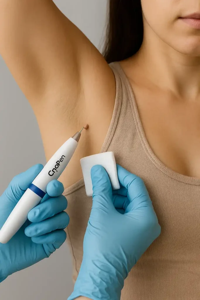 woman having cryopen to remove underarm skin tags Lower Feltham