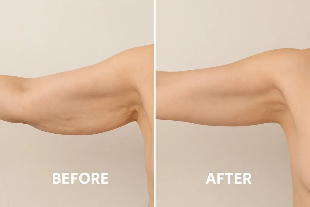 Picture of LA LIPO Lower Feltham before and after results of skin tightening treatment on the upper arms.