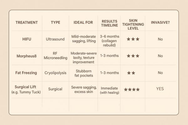 Table showing the comparisons of Skin tightening Lower Feltham treatment options.