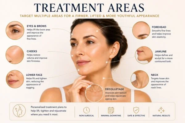 Areas of treatment for the ultimate lift tighten treatment Lower Feltham